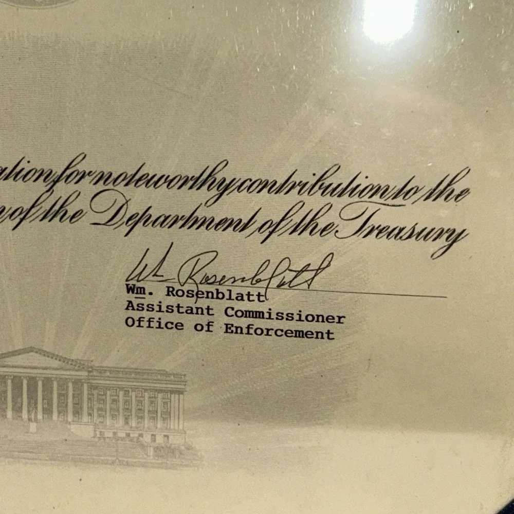 Department Of The Treasury Award Certificate William Rosenblatt 1988 In Binder‎